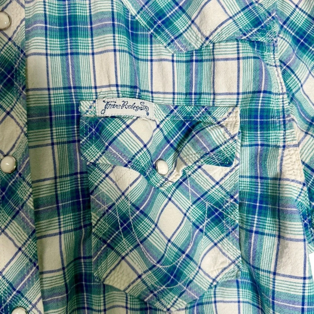 True Religion Men's‎ Rocky Short Sleeve Pearl Snap Plaid Western Shirt Blue XL